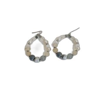 Boho Beaded Hoop Earrings Gray Cream White Artisan Jewelry Neutral Minimalist